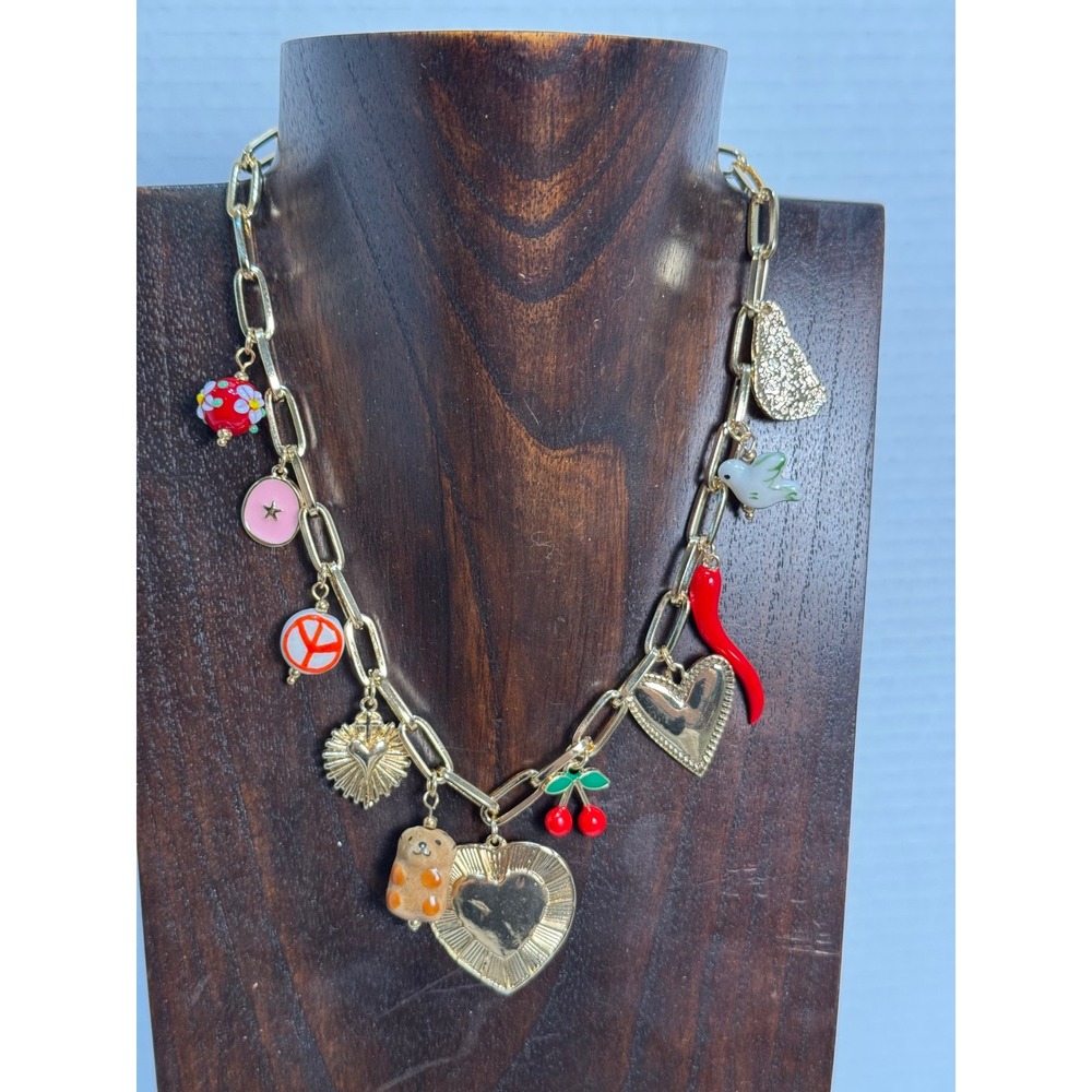 Gold Tone Charm Necklace Lucky Gummy Bear Cherry Peace Sign Heart Dainty NWT‎